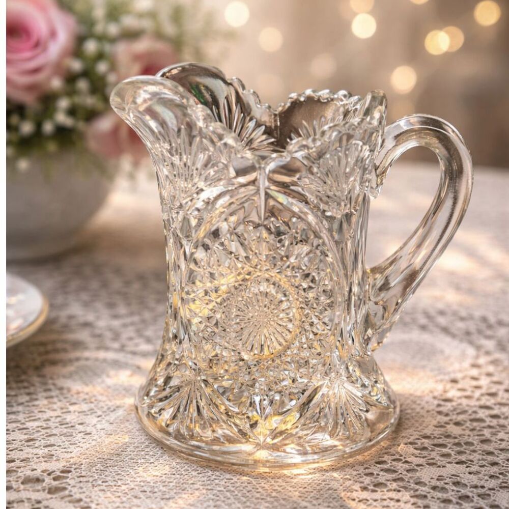 Antique ABP Cut Glass Creamer Crystal Hobstar Sawtooth Rim
